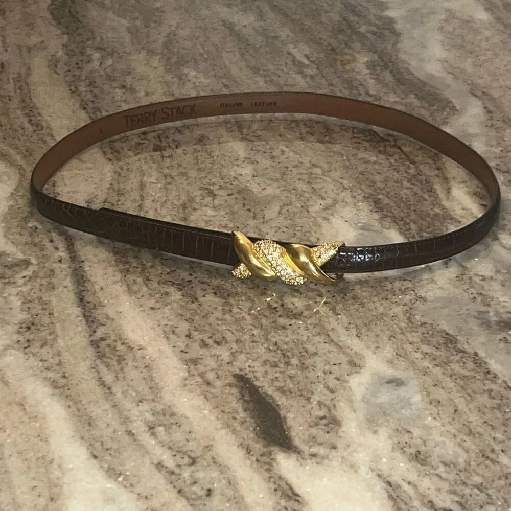 Terry Stack Vintage Brown Leather Belt Gold Rhinestone Accent Bead Women’s Small